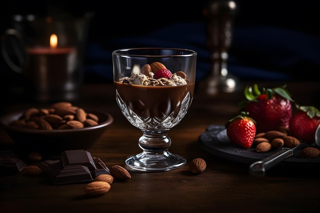 Un vaso de pudín de chocolate con almendras y nueces sobre una mesa.