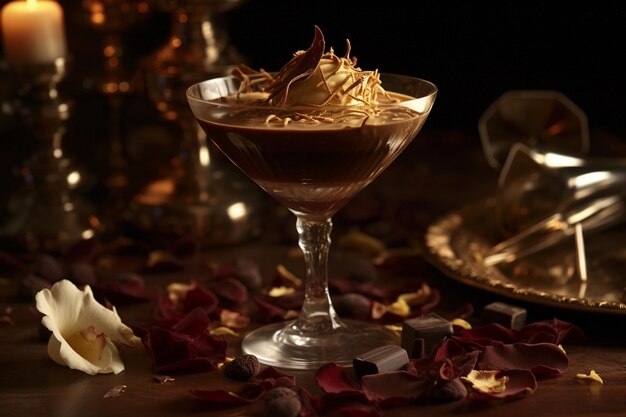 Un vaso de pudín de chocolate con chocolate sobre una mesa con rosas a un lado.