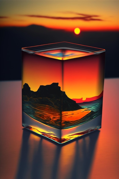 Un vaso de puesta de sol en una mesa con una montaña en el fondo