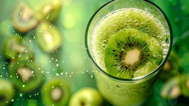 Un vaso que contiene un líquido verde vibrante con una rodaja de kiwi flotando en el interior