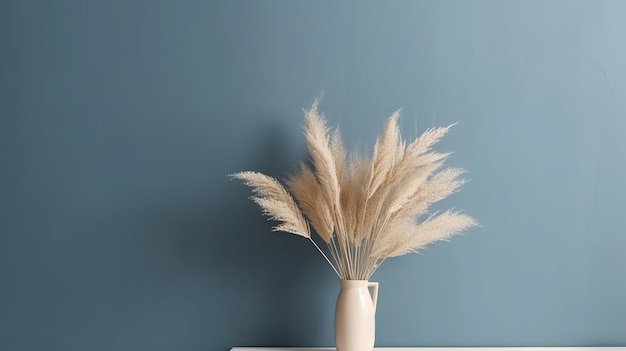 Vaso con rama de planta decorativa en fondo azul de la pared Maqueta interior minimalista IA generativa