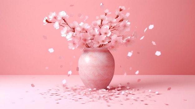 Vaso con ramo de flores de cerezo en fondo de pared rosa Decoración floral para el hogar