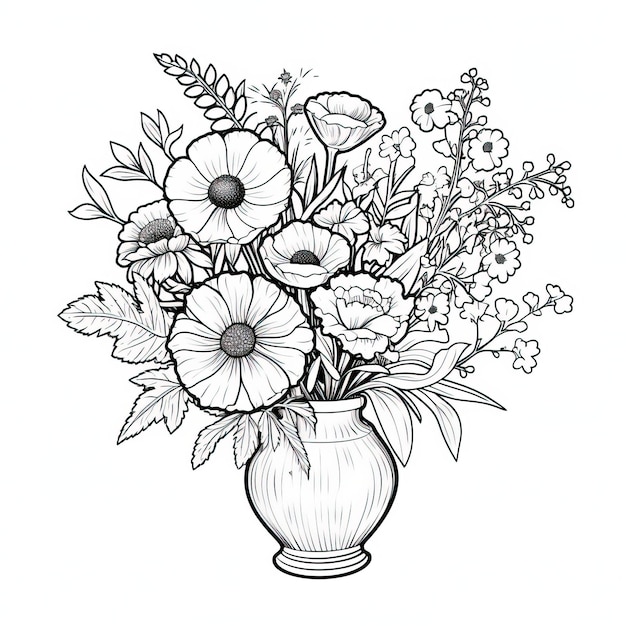 Vaso con un ramo de flores dibujo de estilo vectorial