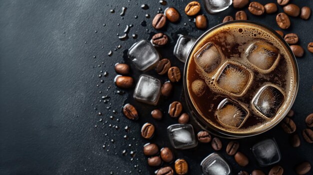 Un vaso refrescante de café helado con cubos de hielo rodeados de granos de café en una superficie de textura oscura