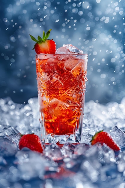 Un vaso refrescante con hielo y fresa