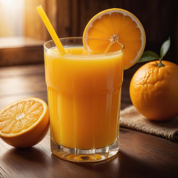 Un vaso de refrescante jugo de naranja adornado