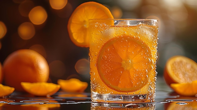 Foto un vaso refrescante de jugo de naranja recién exprimido con naranjas jugosas