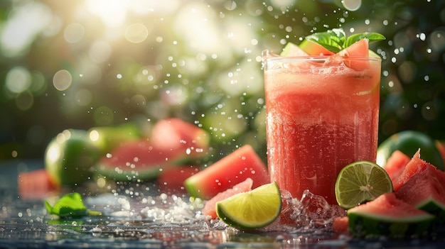 Un vaso refrescante de jugo de sandía con un poco de lima