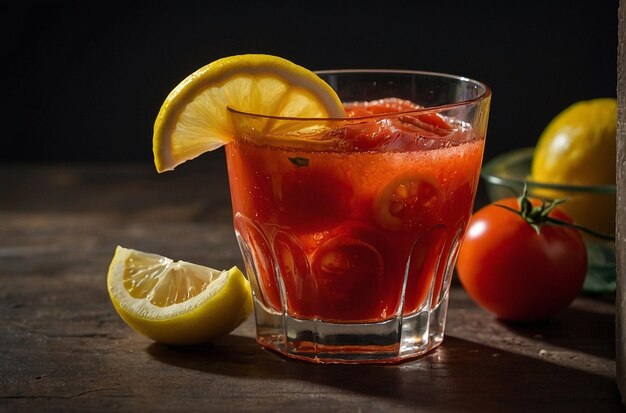 Un vaso refrescante de jugo de tomate con una rebanada de limón