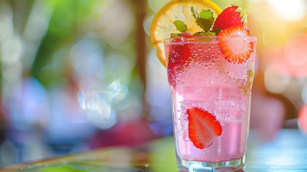 Un vaso refrescante de limonada de fresa con una guarnición de fresa