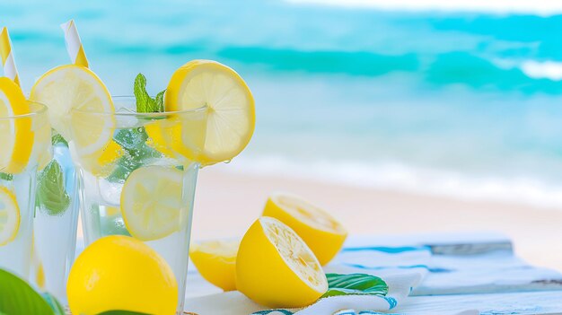 Vaso refrescante de limonada con rebanadas de limón y IA generativa de menta