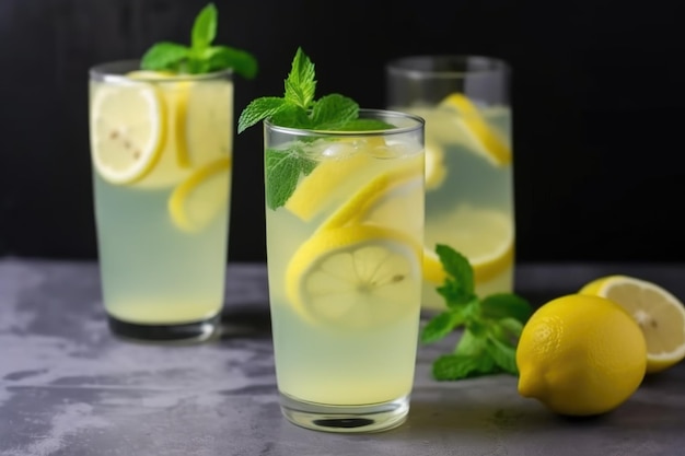 Vaso de refrescante limonada de verano con una rodaja de limón y hojas de menta creado con ai generativo