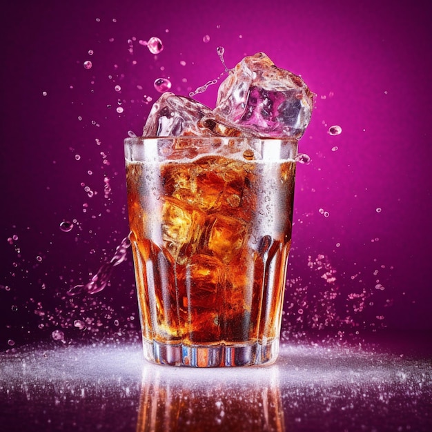 Un vaso de refresco con cubitos de hielo y un fondo morado IA generativa