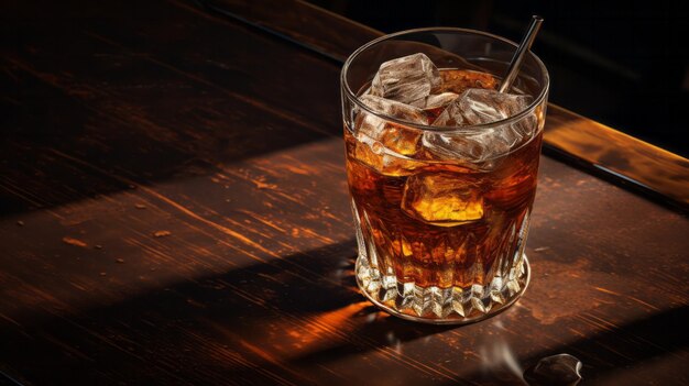 un vaso de refresco con cubos de hielo en una mesa generativa ai