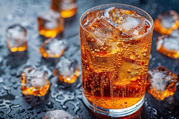 Un vaso de refresco con cubos de hielo en una mesa con gotas de agua en ella y unos cuantos cubos de Hielo alrededor