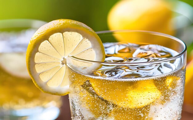 Un vaso de refresco con un enfoque selectivo de limón