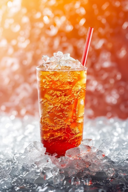 Vaso de refresco con hielo en la mesa