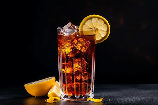 Un vaso de refresco de naranja con hielo y rodajas de limón sobre un fondo negro.