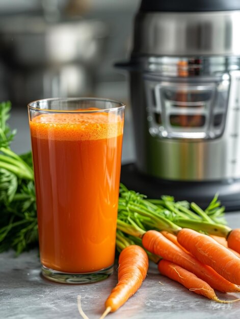 Un vaso de rico jugo de zanahoria de naranja es la pieza central de esta imagen rodeada de zanahorias frescas y verduras exuberantes que destacan los ingredientes naturales y la preparación saludable