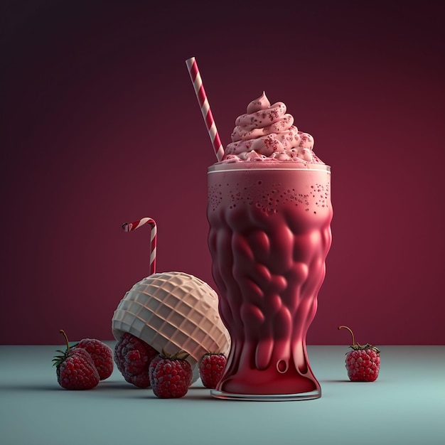 Un vaso rojo de helado con una pajita y una fresa encima.