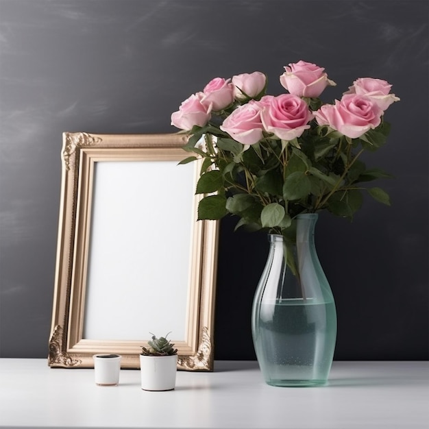 Vaso con rosas rosas libros de copia marco vacío taza de café