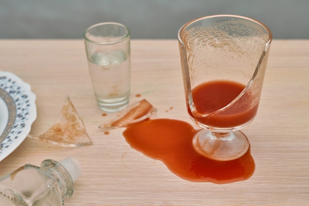 Un vaso roto de jugo de tomate rojo derramado sobre la mesa junto a una botella de vodka