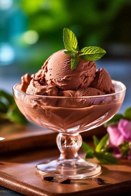 Un vaso de sabroso helado de chocolate menú especial de verano