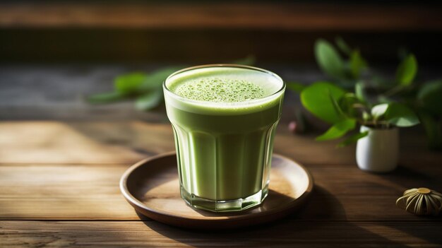 vaso con un sabroso té de matcha en una mesa de madera