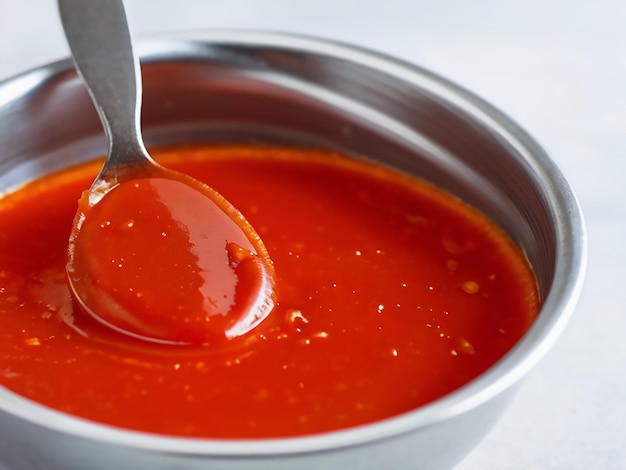 Un vaso de salsa de tomate con una cuchara dentro