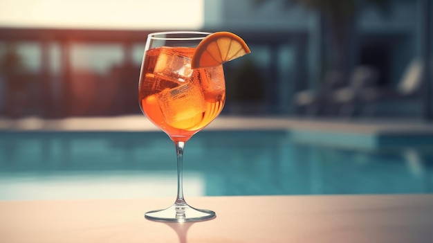 Un vaso de sangría naranja y roja junto a una piscina.