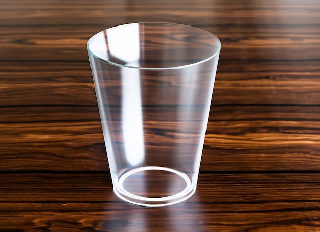 Un vaso sobre una mesa de madera con la palabra vidrio.