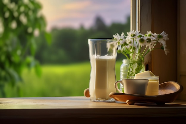 Vaso de taza de leche y ramo de margaritas en el alféizar de una ventana abierta en el prado verde