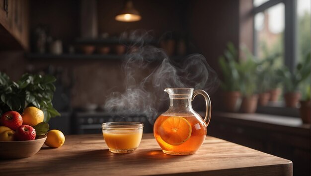 un vaso y una taza de refrescante jugo de naranja en una mesa de madera en una cocina acogedora