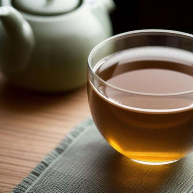 Un vaso de té está en una mesa junto a una tetera.