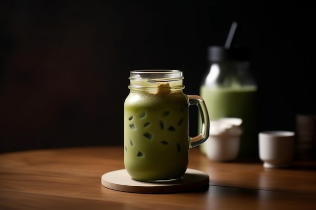 Un vaso de té helado con una cucharada de té helado sobre una mesa de madera.