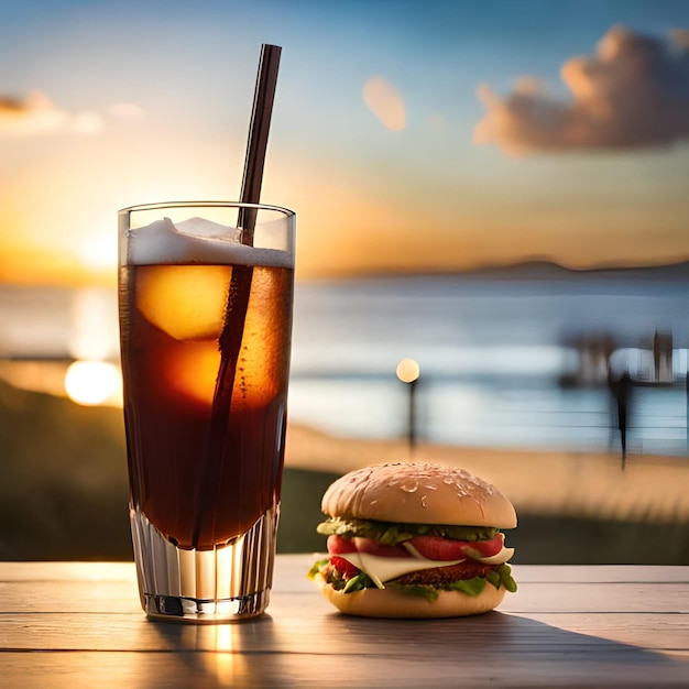 Un vaso de té helado y una hamburguesa con una pajita al lado.