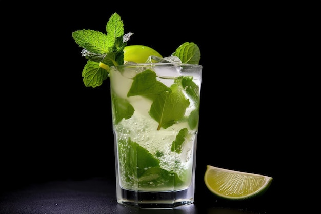 Foto un vaso de té helado con lima y menta generativa ai