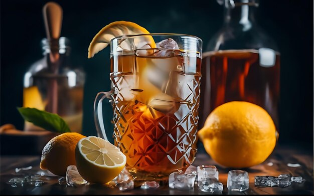 Un vaso de té helado con un limón en la mesa