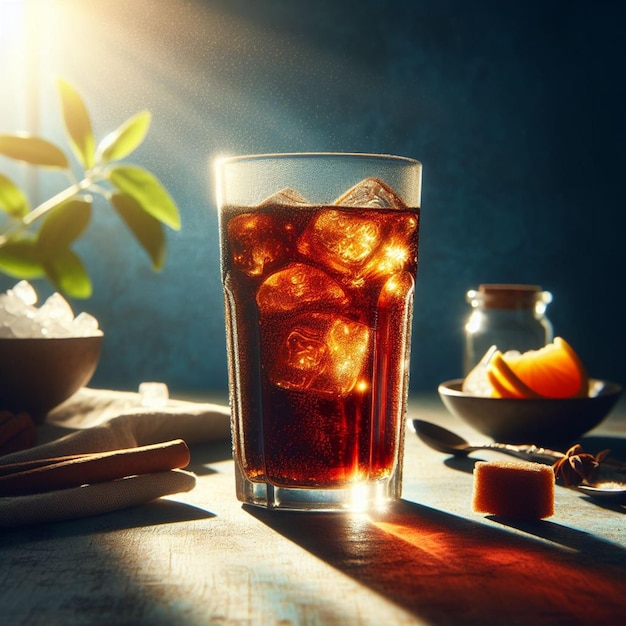 un vaso de té helado con un limón y una naranja en la mesa