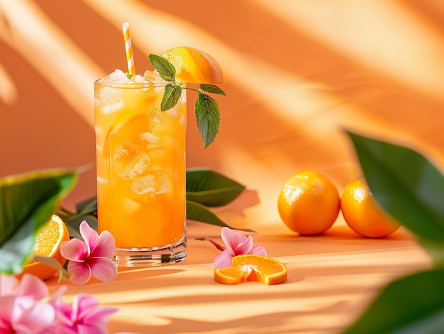 Foto un vaso de té helado con una pajita y naranjas en la mesa