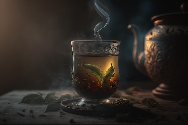 Un vaso de té con una hoja verde