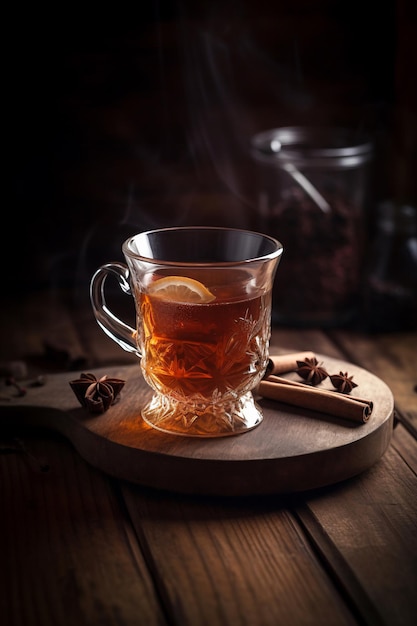 Un vaso de té con un limón en el borde se asienta sobre una tabla de madera.