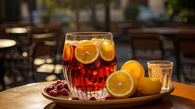 un vaso de té con limones y bayas en una bandeja.