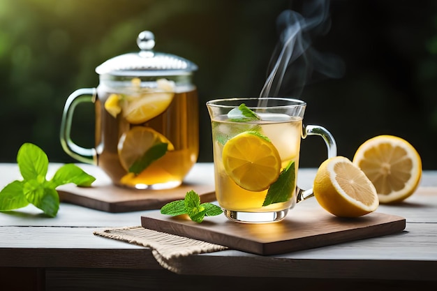 Un vaso de té con limones y hojas de menta
