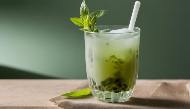 Foto un vaso de té de menta con una hoja verde en una mesa