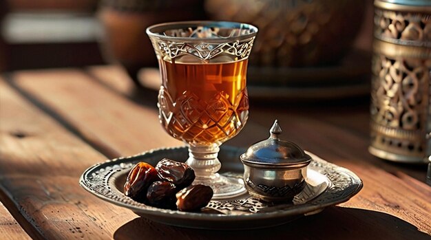 Foto un vaso de té y un plato de nueces y una taza de té
