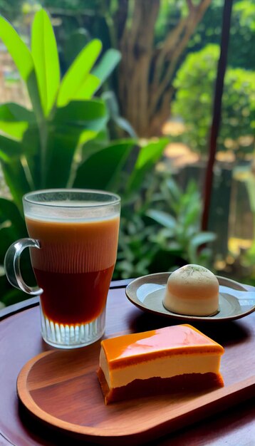 Foto un vaso de té con un plato de pastel sobre una mesa de madera.