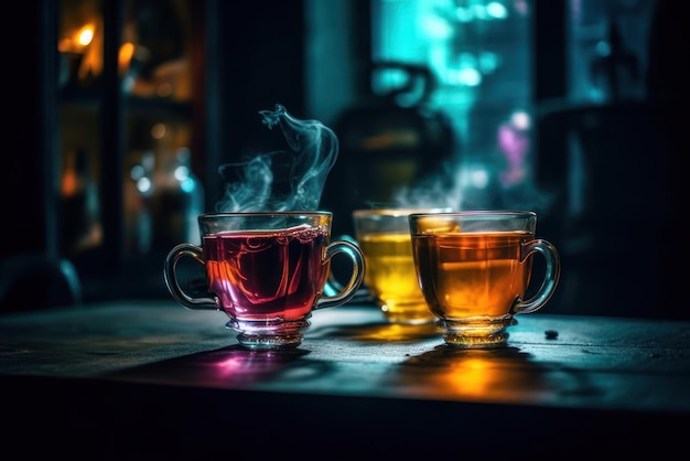 Un vaso de té se sienta en una mesa con una tetera iluminada y una taza de té.