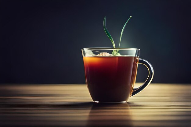 un vaso de té con un tallo verde en él