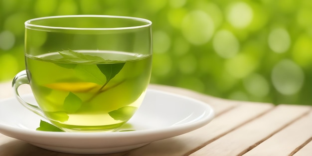 Un vaso de té verde fresco en una mesa de madera contra un fondo borroso de primer plano